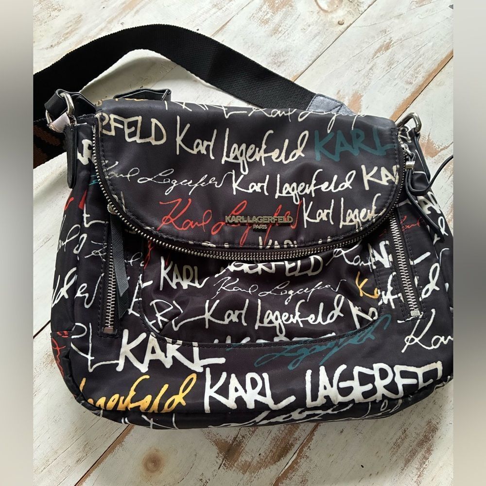 KARL LAGERFIELD PARIS Cara messenger bag black colorful logo streetwear purse - Picture 3 of 8